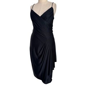 BCBGMaxazria Spaghetti Strap Midi Ruched Dress Womens S Black Cocktail Bead Y2K